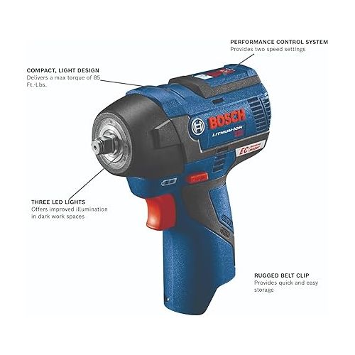  Bosch PS82-02-RT 12V MAX 2.0 Ah Cordless Lithium-Ion EC Brushless 3/8 in. Impact Wrench Kit (Renewed)