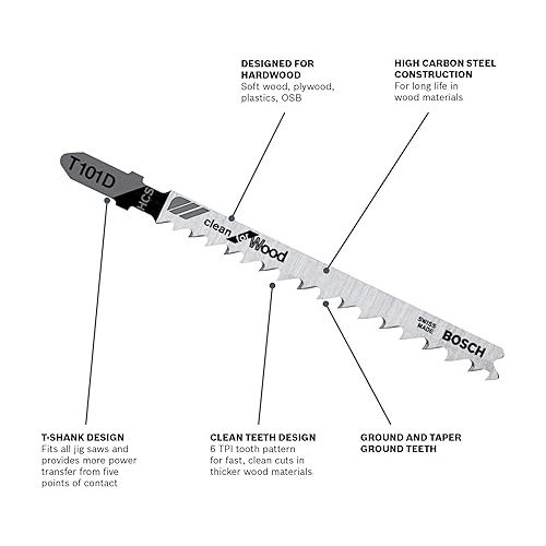  Bosch T101D 5-Piece 4 In. 6 TPI Clean for Wood T-Shank Jig Saw Blades