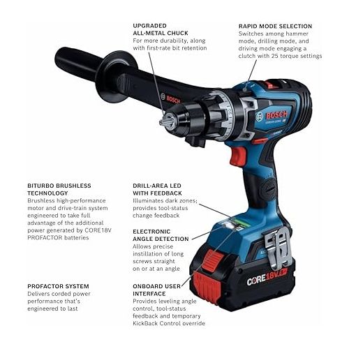  BOSCH GSB18V-1330CB14 PROFACTOR™ 18V Connected-Ready 1/2 In. Hammer Drill/Driver Kit with (1) CORE18V® 8 Ah High Power Battery, Blue