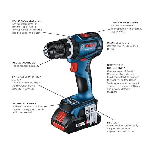  BOSCH GSB18V-800CB24 1/2 In. Brushless Connected-Ready Hammer Drill/Driver Kit with (1) CORE18V® 4 Ah Advanced Power Battery