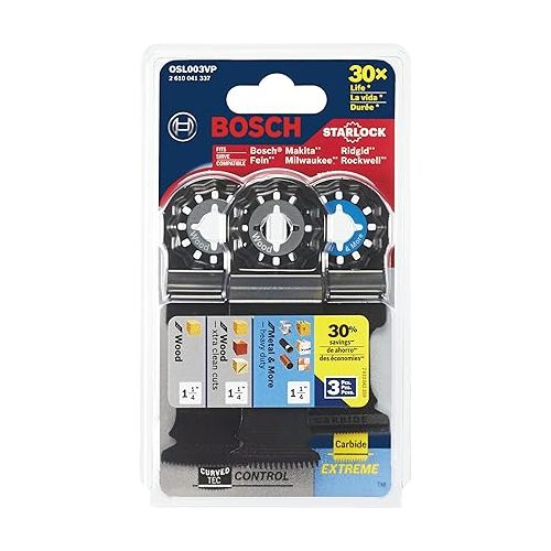  BOSCH OSL003VP 3-Piece 1-1/4 In. Starlock Oscillating Multi Tool Assorted Set Plunge Cut Blades for Mixed Applications in Metal, Wood, and Other General Purpose Materials