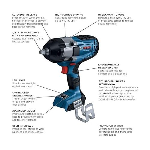  BOSCH GDS18V-740CN PROFACTOR™ 18V Connected-Ready 1/2 In. Impact Wrench with Friction Ring (Bare Tool)