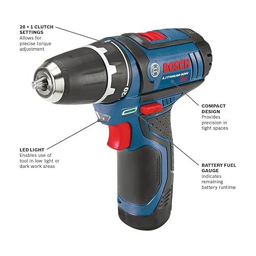  BOSCH PS31-2A 12V Max 3/8 In. Drill/Driver Kit with (2) 2 Ah Batteries, Blue