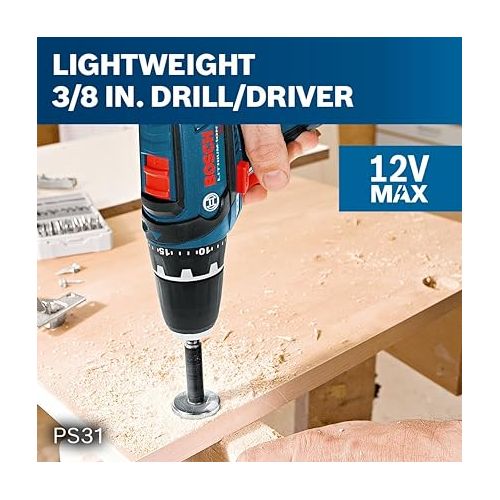  BOSCH PS31-2A 12V Max 3/8 In. Drill/Driver Kit with (2) 2 Ah Batteries, Blue