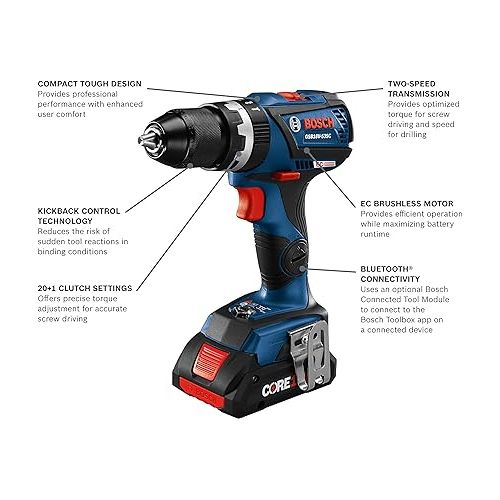  BOSCH GSB18V-535CB15 18V EC Brushless Connected-Ready 1/2 In. Hammer Drill/Driver with (1) CORE18V® 4 Ah Advanced Power Battery