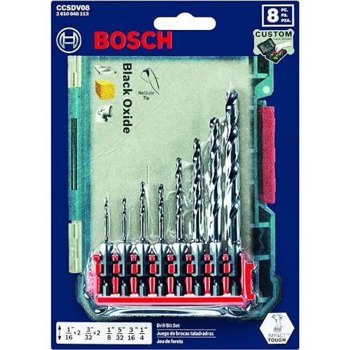  BOSCH CCSDV08 8-Piece Assorted Set Impact Tough Black Oxide Drill Bits with Clip for Custom Case System for General Purpose Applications