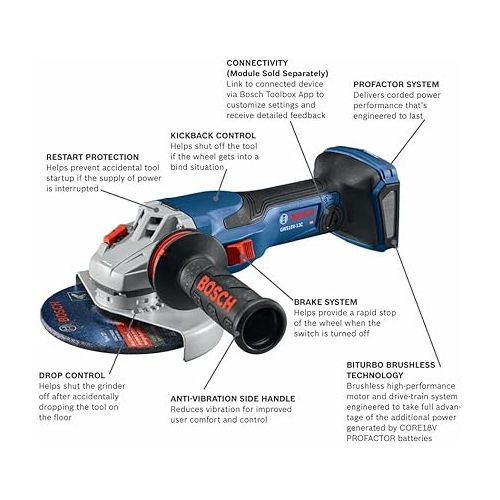  BOSCH GWS18V-13CN PROFACTOR™ 18V Connected-Ready 5 - 6 In. Angle Grinder with Slide Switch (Bare Tool), Grey,blue,black