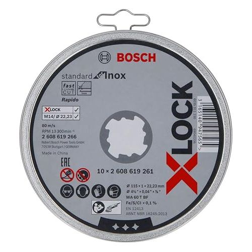  Bosch Professional 2608619266 Pack of 10 Straight Cutting Disc Standard (for INOX, X-Lock, Diameter 115 mm, Bore Diameter 22.23 mm, Thickness 1 mm)