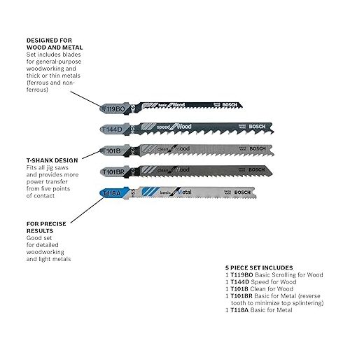  BOSCH T501 5-Piece T-Shank Wood and Metal Cutting Jig Saw Blade Set