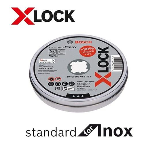  Bosch Professional 2608619267 Pack of 10 Straight Cutting Disc Standard (for INOX, X-Lock, Diameter 125 mm, Bore Diameter 22.23 mm, Thickness 1 mm)