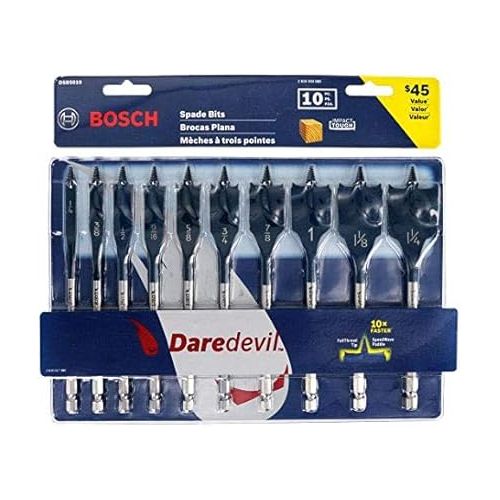 BOSCH DSB5010 Daredevil 10-Piece Standard Spade Bit Set w/ Full cone Threading and Spurred Tip , Blue