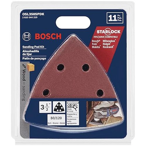  BOSCH OSL350SPDK 11-Piece 3-1/2 In. Starlock Oscillating Multi Tool 80 & 120 Grit Hook-and-Loop Delta Sanding Pad Assorted Kit for Multipurpose Sanding Applications in Plywood, Hardwoods, Softwoods