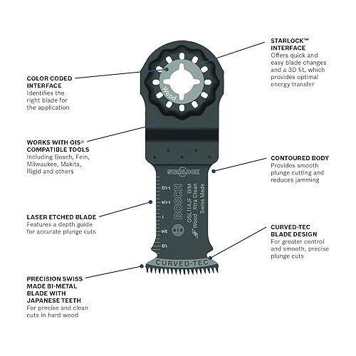  BOSCH OSL114JF-10 10-Pack 1-1/4 In. Starlock Oscillating Multi Tool Wood Curved-Tec Bi-Metal Xtra-clean Plunge Cut Blades for Applications in Cutting Wood, Hardwood, Laminate