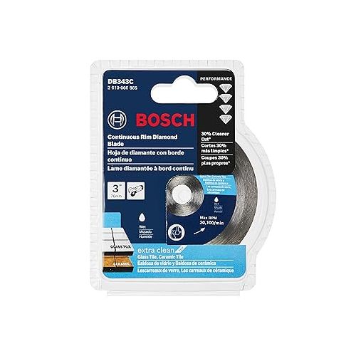  BOSCH DB343C 3 In. Continuous Rim Diamond Blade with 3/8 In. Arbor for Extra Clean Cut Wet Cutting Applications in Ceramic Tile, Glass Tile