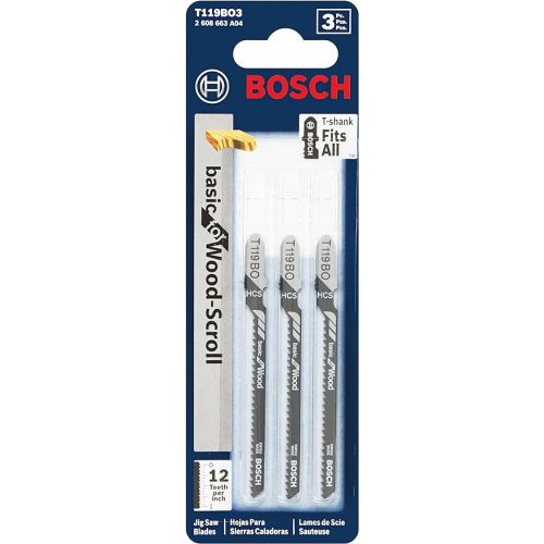  BOSCH T119BO3 3-Piece 3-1/4 In. 12 TPI Basic Wood Cutting T-Shank Jig Saw Blades