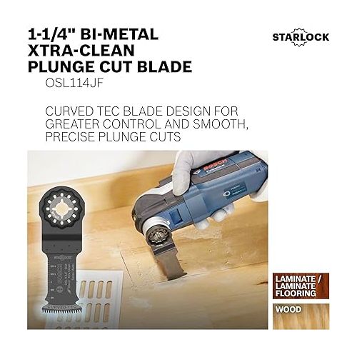  BOSCH OSL114JF 1-Piece 1-1/4 In. Starlock Oscillating Multi Tool Wood Curved-Tec Bi-Metal Xtra-clean Plunge Cut Blade for Applications in Cutting Hardwood