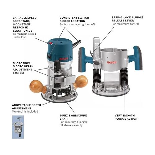  BOSCH 1617EVSPK Wood 12 Amp Router Tool Combo Kit - 2.25 Horsepower Plunge Router & Fixed Base with a Variable Speed