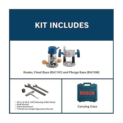  BOSCH 1617EVSPK Wood 12 Amp Router Tool Combo Kit - 2.25 Horsepower Plunge Router & Fixed Base with a Variable Speed