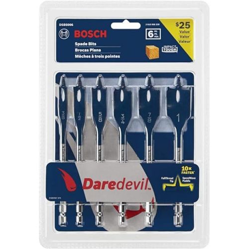  Bosch DSB5006 Daredevil Standard Spade Bit Set w/ Power Groove Hex Shank and Full Cone Threaded Tip (6 Piece Set) , Blue