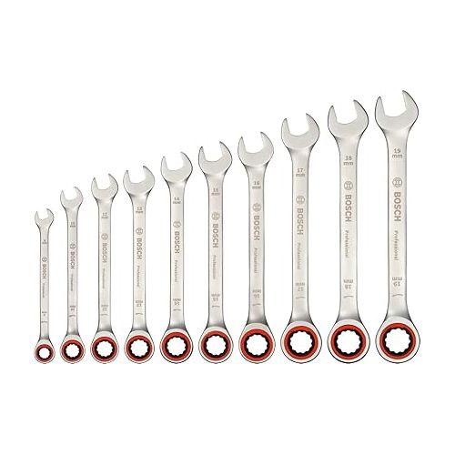  BOSCH Professional 10-Piece Ratchet Spanner Set (Sizes incl. 8, 10, 12, 13, 14, 15, 16, 17, 18, and 19 mm, in Cardboard Box)