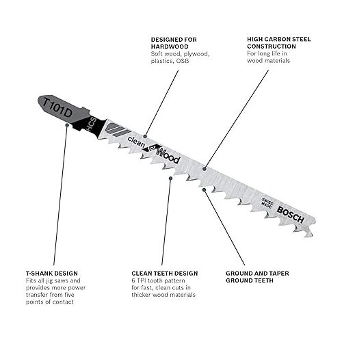  BOSCH T101D100 100-Piece 4 In. 6 TPI Clean for Wood T-Shank Jig Saw Blades