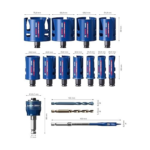  Bosch Professional 15x Expert Construction Material Hole Saw Set (Ø 20-76 mm, Accessories Rotary Impact Drill)