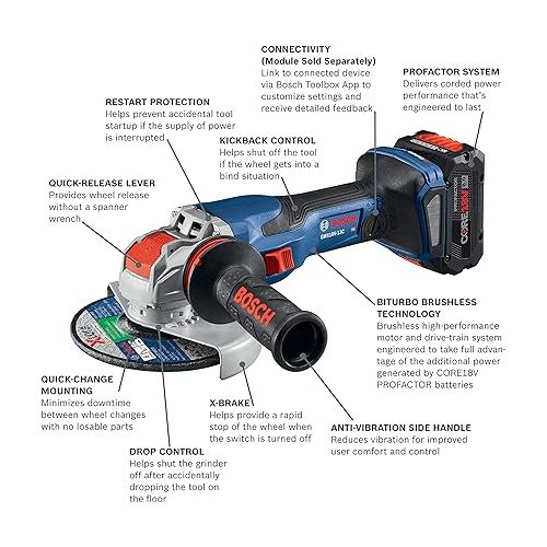  Bosch PROFACTOR 18V SPITFIRE GWX18V-13CB14 Cordless X-LOCK 5-6 In. Angle Grinder Kit & Slide Switch, Includes (1) CORE18V 8.0 Ah Performance Battery + GBA18V80 CORE18V 8.0 Ah Performance Battery