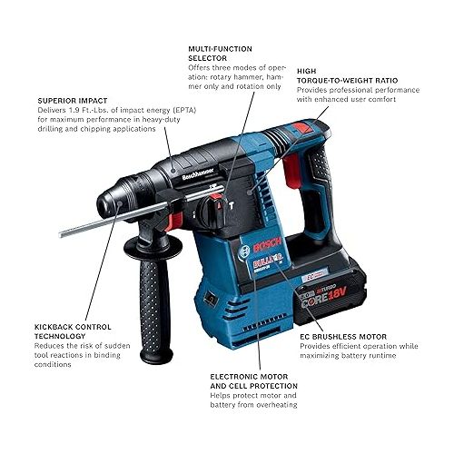  Bosch GBH18V-26K24A-RT Bulldog 18V Brushless Lithium-Ion 1 in. Cordless SDS-Plus Rotary Hammer Kit with 2 Batteries (8 Ah) (Renewed)