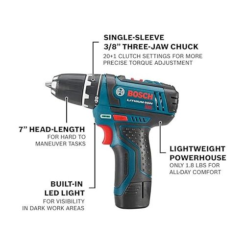  Bosch Power Tools Drill Kit - CLPK22-120 - 12-Volt Lithium-Ion 2-Tool Combo Kit (Drill/Driver and Impact Driver) with 2 Batteries, Charger and Case w/ 91 pc drill and drive bit set