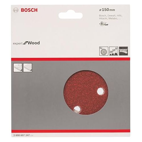  Bosch 2608607247 Sanding Discs, Wood Velcro, 6 Hole, 150mm Ø, 60/80/240 Grit, Red