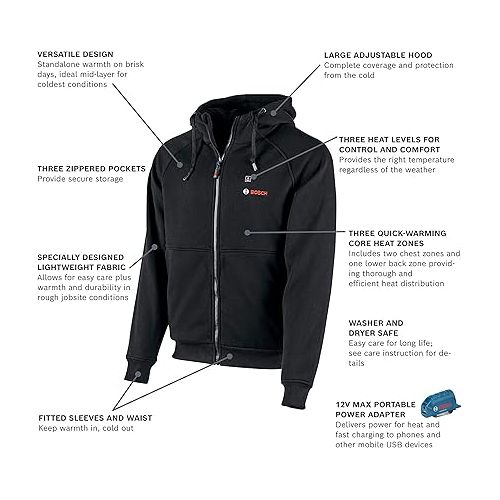  Bosch GHH12V-20XXLN12 12V Max Heated Hoodie Kit with Portable Power Adapter - Size XXLarge with Bosch 12-Volt Lithium-Ion 2.0Ah Battery