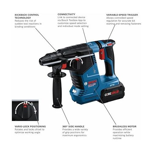  BOSCH GBH18V-24CK24 18V Brushless Connected SDS-plus® Bulldog™ 1 In. Rotary Hammer with (2) CORE18V PROFACTOR™ Performance Batteries