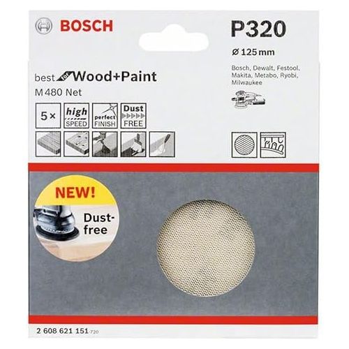  Bosch Professional set of 5 sanding sheets M480 Best for Wood and Paint (Wood and paint, Ø 125 mm, grit G320, Accessories for random orbit sander)