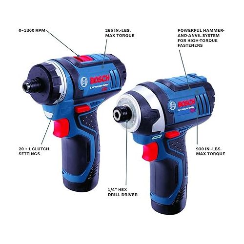  Bosch CLPK27-120 12V Max 2-Tool Combo Kit (Drill/Driver and Impact Driver) w/ 2 Batteries, Charger and Case and 40 Piece Impact Tough Drill Driver Custom Case System Set DDMS40