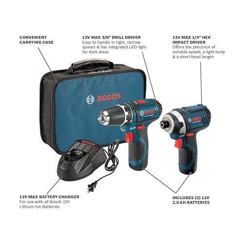  Bosch Power Tools Combo Kit CLPK22-120 - 12-Volt Cordless Tool Set with 2 Batteries, Charger and Case & ITDEPH22503 3 Pc. 2.5 In. Phillips #2 Double-Ended Impact Tough Screwdriving Bit