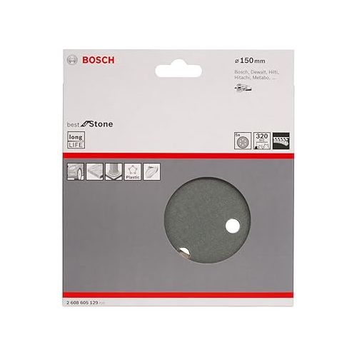  Bosch 2608605129 F355 Sanding Discs for Stone, Velcro Type, 6 Hole, 150mm, P320 Grit, Black, Pack of 5