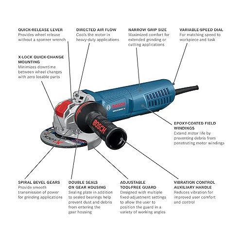  Bosch GWX13-50VSP 5 In. X-LOCK Variable-Speed Angle Grinder with Paddle Switch with TCWX1S500 5 In. x .045 In. X-LOCK Arbor Type 1A (ISO 41) 60 Grit Fast Metal/Stainless Cutting Abrasive Wheel