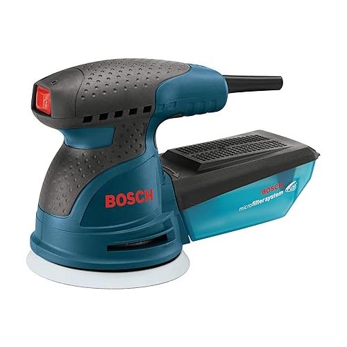  BOSCH ROS10 120 Volt Random Orbit Sander, Blue, 5&BOSCH SR5R000 6-Piece Assortment 5 In. 8 Hole Hook-And-Loop Sanding Discs