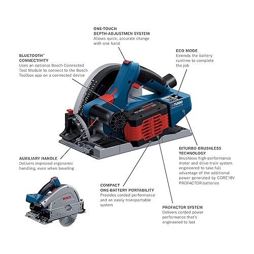  Bosch PROFACTOR GKT18V-20GCL14 18V Cordless 5-1/2 In. Track Saw Kit with BiTurbo Brushless Technology and Plunge Action with Tracks and Connector Kit