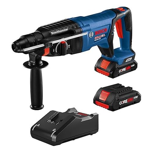  BOSCH GBH18V-26DK25 18V EC Brushless SDS-plus Bulldog 1 In. (2) CORE18V 4.0 Ah Compact Batteries & BOSCH GDX18V-1860CN 18V Connected-Ready Two-In-One 1/4 In. and 1/2 In.