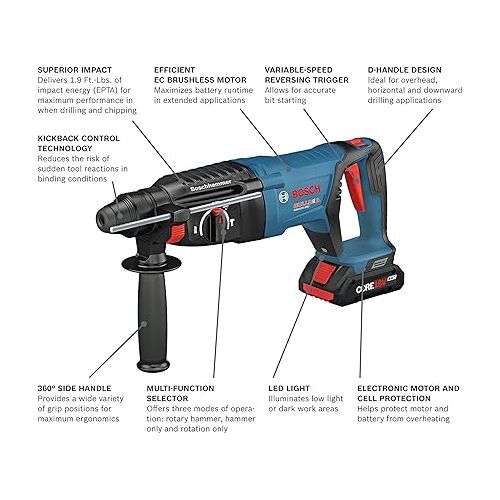  BOSCH GBH18V-26DK25 18V EC Brushless SDS-plus Bulldog 1 In. (2) CORE18V 4.0 Ah Compact Batteries & BOSCH GDX18V-1860CN 18V Connected-Ready Two-In-One 1/4 In. and 1/2 In.