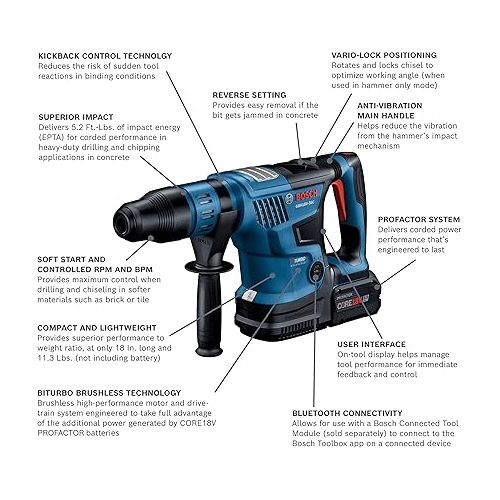  Bosch PROFACTOR 18V HITMAN GBH18V-36CK24 Cordless SDS-max 1-9/16 In. Rotary Hammer Kit, Includes (2) CORE18V 8.0 Ah Performance Batteries + Bosch GBA18V80 CORE18V 8.0 Ah Performance Battery