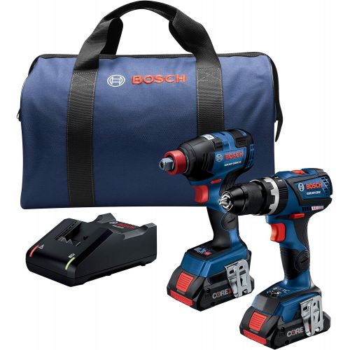  BOSCH GXL18V-251B25 18V 2-Tool Combo Kit with Freak 1/4 In. and 1/2 In. Two-In-One Impact Driver, Compact Tough 1/2 In. Hammer Drill/Driver and (2) CORE18V 4.0 Ah Batteries