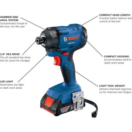  BOSCH GDR18V-1400B12 18V 1/4 In. Hex Impact Driver Kit with 2.0Ah Battery