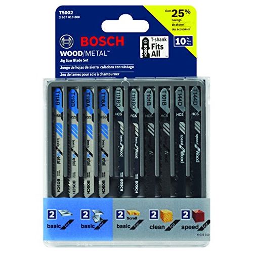  BOSCH T-Shank Multi-Purpose Jigsaw Blades, 10 Piece, Assorted, Jig Saw Blade Set for Cutting Wood and Metal (T5002)