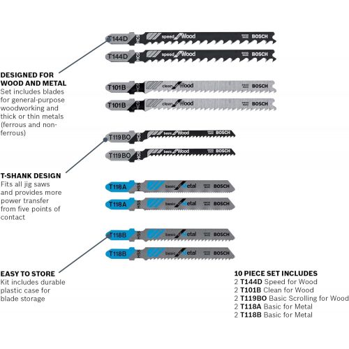  BOSCH T-Shank Multi-Purpose Jigsaw Blades, 10 Piece, Assorted, Jig Saw Blade Set for Cutting Wood and Metal (T5002)