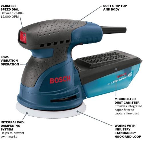  Bosch ROS20VSC Palm Sander - 2.5 Amp 5 Inches Corded Variable Speed Random Orbital Sander/Polisher Kit with Dust Collector and Soft Carrying Bag, Blue