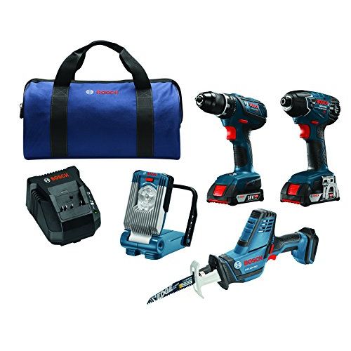  Bosch 18V 4-Tool Combo Kit with Compact Tough Drill/Driver, Impact Driver, Compact Reciprocating Saw, LED Work Light CLPK496A-181