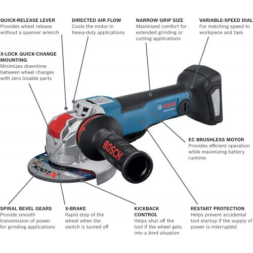  Bosch GWX18V-50PCN 18V X-LOCK EC Brushless Connected-Ready 4-1/2 In. ? 5 In. Angle Grinder with No Lock-On Paddle Switch (Bare Tool)