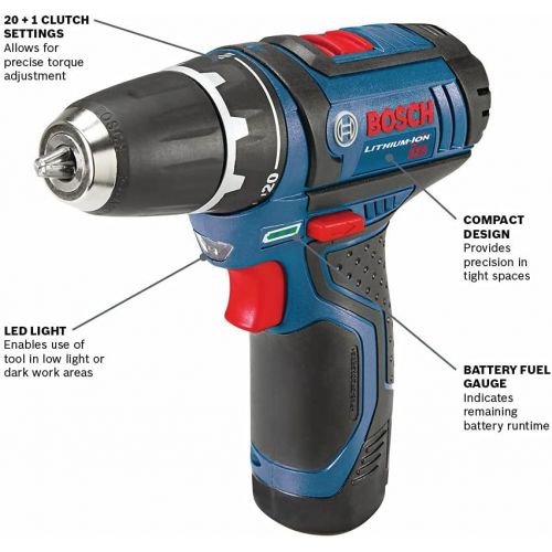  BOSCH Power Tools Drill Kit - PS31-2A - 12V, 3/8 Inch, Two Speed Driver, Cordless Drill Set - Includes Two Lithium Ion Batteries, 12V Charger, Screwdriver Bits & Soft Carrying Bag,